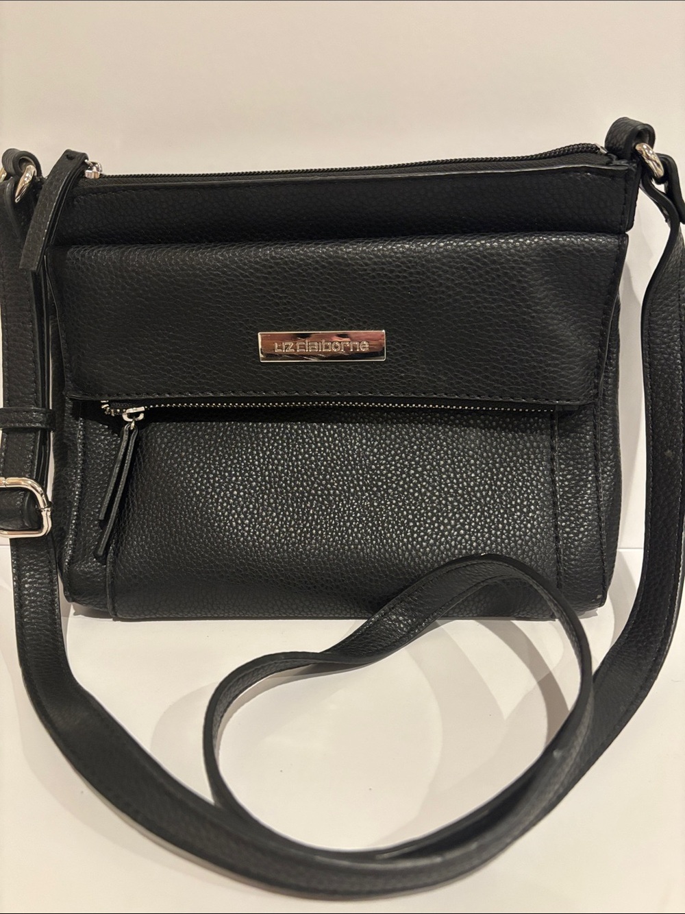 Liz Claiborne Black Textured Crossbody with Front Zip Pocket